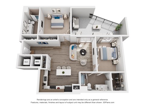 Floor plan for 2 beds, 2 baths, 1087 sqft